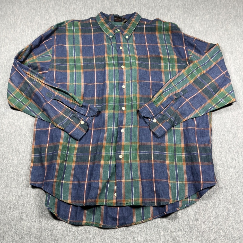 Structure Shirt Mens XL Blue Green Plaid Long Sleeve 100% Linen Casual Button Up